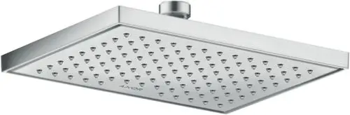 Duschkopf in quadratischer Form, gefertigt aus gebürstetem Edelstahl, mit gleichmäßig verteilten Wasseröfnungen, von der Marke AXOR.